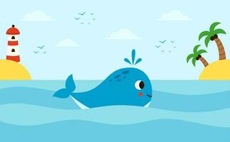 vecteur image de mignonne bleu baleine nager dans mer. dessin animé paysage marin.