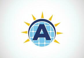 Anglais alphabet une avec solaire panneau et Soleil signe. Soleil solaire énergie logo vecteur illustration