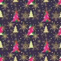 sans couture Noël modèle avec géométrique des arbres et d'or flocons de neige sur violet Contexte vecteur