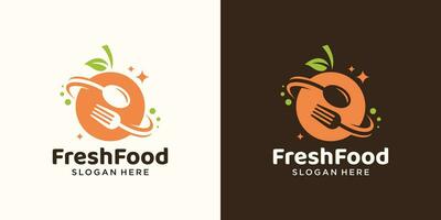 Frais nourriture concept logo conception modèle. Orange fruit avec cuillère fourchette conception graphique vecteur illustration. symbole, icône, créatif.