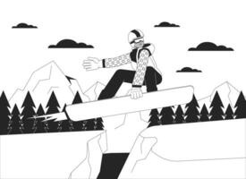snowboarder sauter sur Montagne pente noir et blanc dessin animé plat illustration. noir fille performant tour sur planche 2d lineart personnage isolé. sport d'hiver monochrome scène vecteur contour image