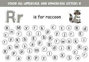 trouver et point tout des lettres r. éducatif feuille de travail pour apprentissage alphabet. mignonne raton laveur. vecteur