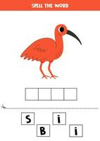 orthographe Jeu pour préscolaire enfants. mignonne dessin animé écarlate ibis. vecteur