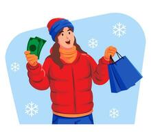 femme dans une hiver veste avec hiver chapeau et écharpe en portant achats Sacs et argent vecteur