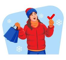 femme dans une hiver veste avec hiver chapeau et écharpe en portant achats Sacs vecteur