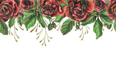 rouge noir Rose fleurs avec vert feuilles et bourgeons, élégant, brillant, belle. main tiré aquarelle illustration. sans couture frontière une blanc arrière-plan, pour décoration et conception vecteur eps