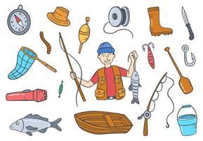 métier de pêcheur ou d'emplois de pêche doodle collections de jeux dessinés à la main vecteur