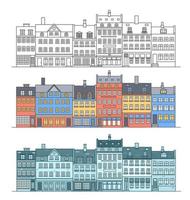 horizon des bâtiments d'amsterdam. paysage urbain coloré linéaire avec diverses maisons en rangée. illustration de contour avec de vieux bâtiments néerlandais. vecteur