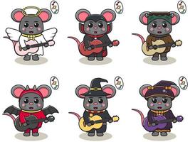 illustration vectorielle de souris mignonne avec costume d'halloween jouant de la guitare. vecteur