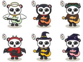 Illustration vectorielle de panda mignon avec costume d'halloween jouant de la guitare vecteur