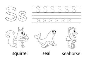 trace majuscule et minuscule lettre s. animal alphabet pour enfants. vecteur