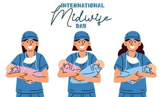 international journée de sages-femmes est célèbre annuellement sur mai 5. sage-femme, une médical professionnel qui se soucie pour les mères et nouveau-nés pendant accouchement. médical uniformes, infirmières, jumeaux, les enfants. vecteur