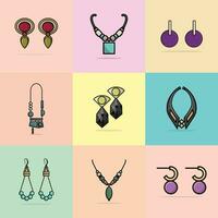 collection de 9 femmes mode cou colliers et branché coloré des boucles d'oreilles bijoux vecteur illustration. beauté mode objet icône concept. ensemble de femmes mode conception accessoires vecteur conception.