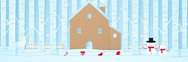 joyeux noël, maison avec rennes, bonhomme de neige, trucs de noël, clôture et pins sur neige dans un paysage d'hiver avec des chutes de neige, style art papier vecteur