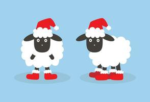 Noël mouton dans Père Noël chapeau et Nouveau années bottes. dessin animé dessin vecteur illustration sur bleu Contexte