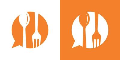 logo conception en ligne manger, parler avec cuillère et fourchette icône vecteur inspiration