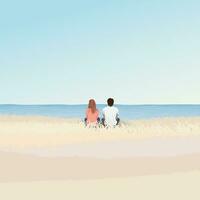 couple de amoureux séance sur champ à côtier et tropical bleu mer dans l'automne saison vecteur illustration. la Saint-Valentin journée concept plat conception.