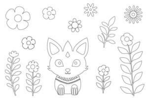 mignonne animal coloration page pour des gamins avec fleur la nature forêt, dessin animé noir et blanc illustration vecteur