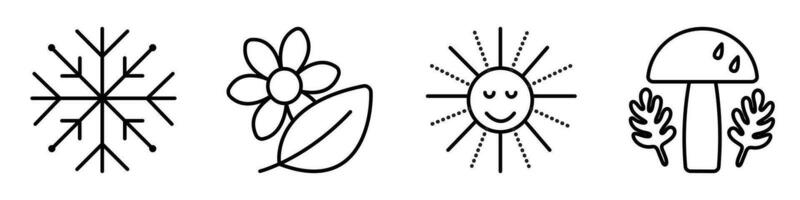 quatre saisons icône ensemble, noir ligne vecteur panneaux de hiver, printemps, été et l'automne