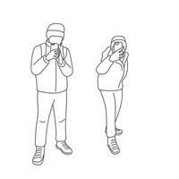 Masculin dans chapeau et le sien petite amie en utilisant mobile téléphone à prendre une photo illustration vecteur main tiré isolé sur blanc Contexte