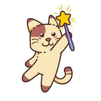 mignonne adorable content marron chat jouer avec étoile la magie baguette magique dessin animé griffonnage vecteur illustration plat conception style