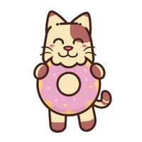 mignonne adorable content marron chat manger Donut avec rose crème dessin animé griffonnage vecteur illustration plat conception style