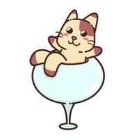 mignonne adorable content marron chat se détendre sur du vin verre personnage dessin animé griffonnage vecteur illustration plat conception style