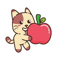 mignonne adorable content marron chat manger rouge Pomme la nature fruit dessin animé griffonnage vecteur illustration plat conception style