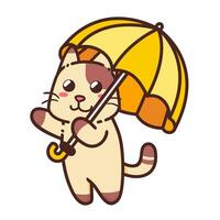 mignonne adorable content marron chat et Jaune parapluie personnage dessin animé griffonnage vecteur illustration plat conception style