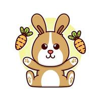 content lapin manger carotte adorable dessin animé griffonnage vecteur illustration plat conception style