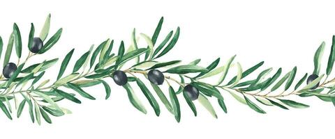 horizontal olive branche aquarelle sans couture frontière modèle. noir Olives. main tiré botanique illustration. pouvez être utilisé pour tissu, cuisine textile, emballage impressions. vecteur