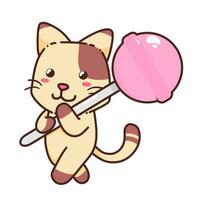 mignonne adorable content marron chat manger rose sucette bonbons dessin animé griffonnage vecteur illustration plat conception style