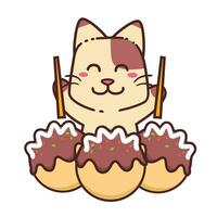 mignonne adorable content marron chat manger Japonais cuisine rue nourriture takoyaki dessin animé griffonnage vecteur illustration plat conception style