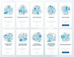 ensemble d'écrans de page d'application mobile d'intégration bleue liée au congé de maternité vecteur