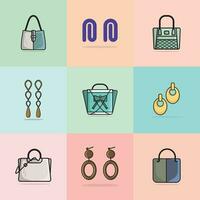 collection de 9 luxe femmes événements sacs à main et Dame des boucles d'oreilles avec gemme vecteur illustration. beauté mode objets icône concept. ensemble de les filles mode accessoires vecteur conception.