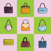 collection de 9 les filles mode fête sacs à main vecteur illustration. beauté mode objets icône concept. ensemble de élégant Dames brillant cuir sac vecteur conception sur coloré Contexte.