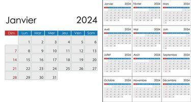 calendrier 2024 sur français langue, la semaine début sur dimanche vecteur