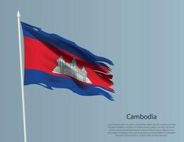 en lambeaux nationale drapeau de Cambodge. ondulé déchiré en tissu sur bleu Contexte vecteur