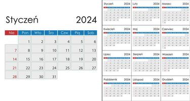 calendrier 2024 sur polonais langue, la semaine début sur dimanche vecteur