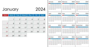 calendrier 2024 sur Anglais langue, la semaine début sur dimanche vecteur