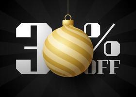 joyeux noël grande bannière de vente. vente de noël de luxe 30% de réduction sur le modèle de bannière royale noire avec une boule dorée décorée accrochée à un fil. bonne année et noël vector illustration