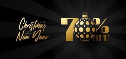 joyeux noël grande bannière de vente. vente de noël de luxe 70 pour cent de réduction sur le modèle de bannière royale noire avec une boule dorée décorée accrochée à un fil. bonne année et noël vector illustration