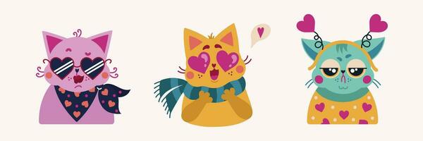 chats pour valentines journée vecteur ensemble. brillant collection de mignonne romantique chatons. sucré animaux domestiques sont dans aimer, souriant, grincheux. animaux portant en forme de coeur des lunettes de soleil, foulard, Bandeau. plat dessin animé clipart