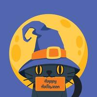 chat noir en chapeau de sorcière tenant une salutation d'halloween avec sa bouche vecteur