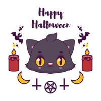 jolie salutation d'halloween avec un chat noir joyeux et des éléments effrayants vecteur