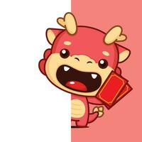 mignonne chinois Nouveau année dragon zodiaque dessin animé personnage avec rouge argent enveloppe derrière une mur vecteur