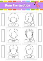 dessiner l'émotion. feuille de travail complète le visage. livre de coloriage pour les enfants. caractère joyeux. illustration vectorielle. silhouette de contour noir. illustration vectorielle. vecteur