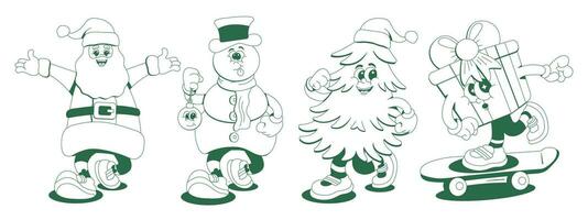 marrant rétro dessin animé personnages joyeux Noël. ensemble de vecteur autocollants dans Années 70 style monochrome.