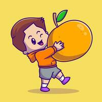 mignonne garçon en portant Orange dessin animé vecteur icône illustration. gens fruit icône concept isolé prime vecteur. plat dessin animé style