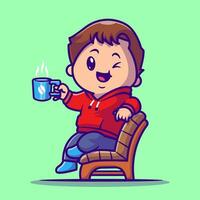 mignonne garçon boisson chaud café sur chaise dessin animé vecteur icône illustration. gens éducation icône concept isolé prime vecteurs. plat dessin animé style